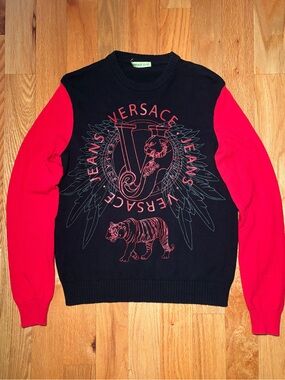 Versace Tiger Logo Black Red Two Toned Sweater